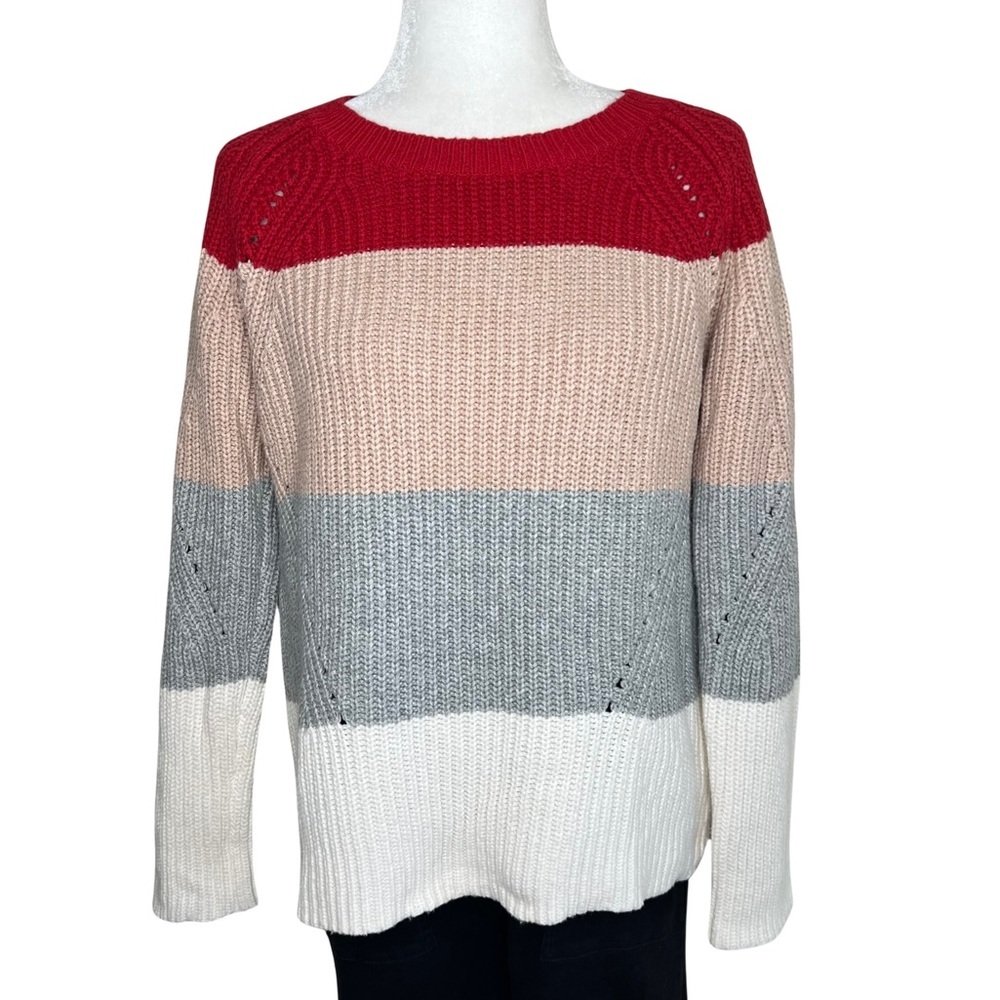 Lucky Brand Sweater Pointelle Crew Neck Pullover Red Pink Gray Cream Medium M